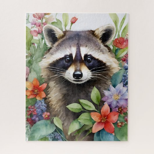 Racoon Waterverf bloemenportret Legpuzzel (Verticaal)