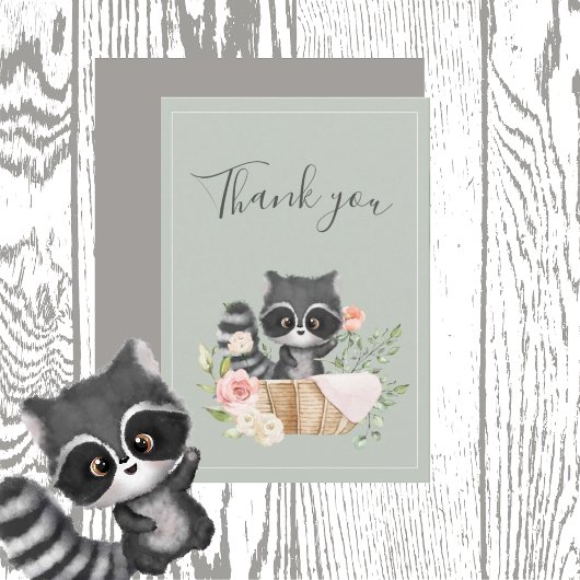 Racoon Waterverf Sage Green Baby shower Bedankkaart