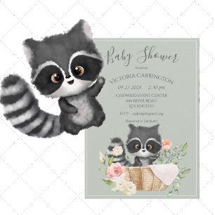 Racoon Waterverf Sage Green Baby shower Kaart