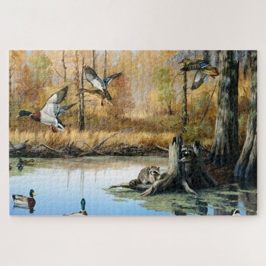 Racoons betreden de wilde Natuur van de Duck Pond Legpuzzel (Horizontaal)