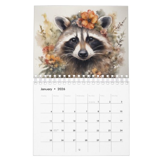 Racoons in bloemen kalender (Jan 2026)