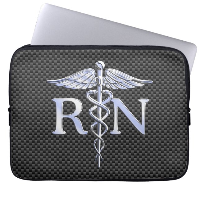 Racy Registered Nurse RN Silver Caduceus Snakes Laptop Sleeve (Voorkant)