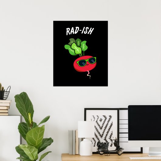 Rad-ish Funny Vegetable Radish Pun Dark BG Poster (Thuiskantoor)