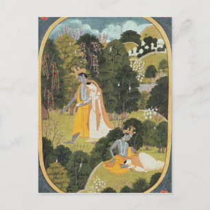 Radha en Krishna die in een bosje lopen Briefkaart