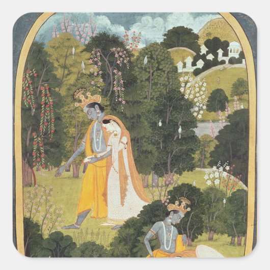 Radha en Krishna die in een grove lopen Vierkante Sticker (Voorkant)