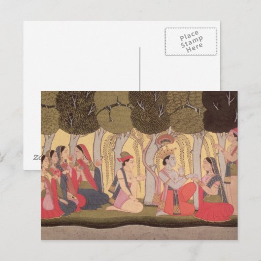 Radha en Krishna gezet in een bosje, Kulu Briefkaart (Voorkant / Achterkant)