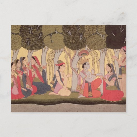 Radha en Krishna gezet in een bosje, Kulu Briefkaart (Voorkant)