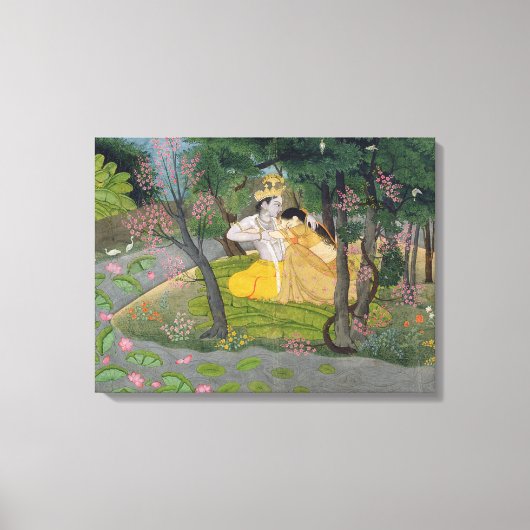 Radha en Krishna omhelzen in een bloeiende golf Canvas Afdruk (Voorkant)