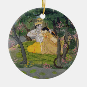 Radha en Krishna omhelzen in een bloeiende golf Keramisch Ornament