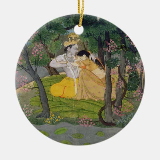 Radha en Krishna omhelzen in een bloeiende golf Keramisch Ornament (Voorkant)
