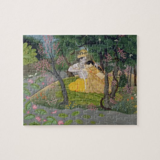 Radha en Krishna omhelzen in een bloeiende golf Legpuzzel (Horizontaal)