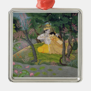 Radha en Krishna omhelzen in een bloeiende golf Metalen Ornament