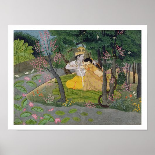 Radha en Krishna omhelzen in een bloeiende golf Poster (Voorkant)