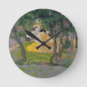 Radha en Krishna omhelzen in een bloeiende golf Ronde Klok