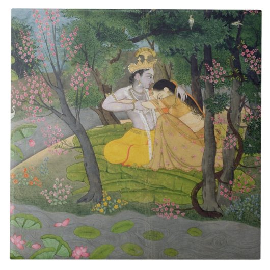 Radha en Krishna omhelzen in een bloeiende golf Tegeltje (Voorkant)