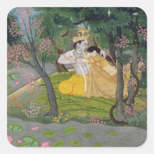 Radha en Krishna omhelzen in een bloeiende golf Vierkante Sticker (Voorkant)