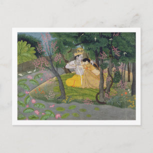 Radha en Krishna omhelzen in een bosje van het Briefkaart
