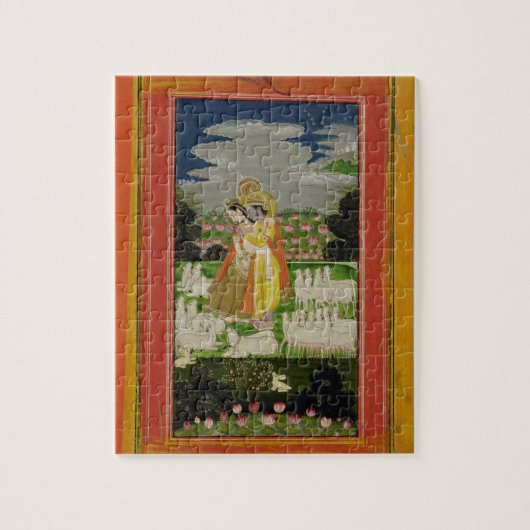 Radha en Krishna omhelzen in een geïdealiseerd lan Legpuzzel (Verticaal)
