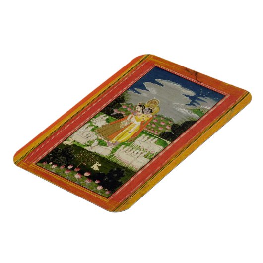 Radha en Krishna omhelzen in een geïdealiseerd lan Magneet (Linkerzijde)