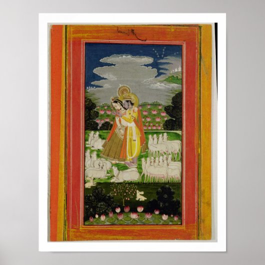 Radha en Krishna omhelzen in een geïdealiseerd lan Poster (Voorkant)