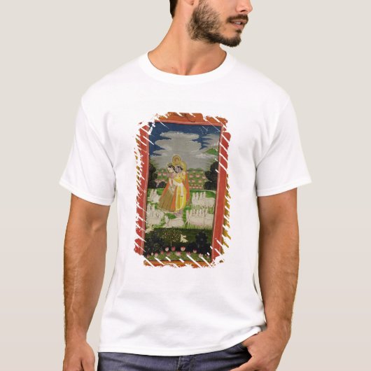 Radha en Krishna omhelzen in een geïdealiseerd lan T-shirt (Voorkant)