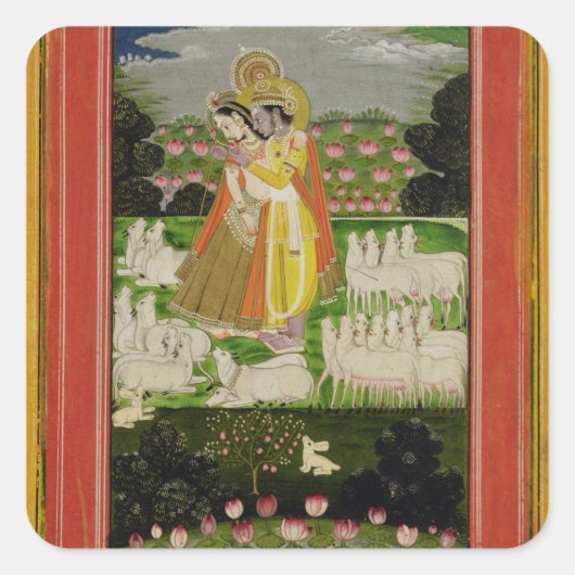 Radha en Krishna omhelzen in een geïdealiseerd lan Vierkante Sticker (Voorkant)