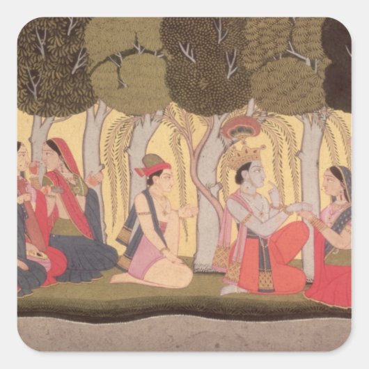 Radha en Krishna zitten in een grove, Kulu Vierkante Sticker (Voorkant)