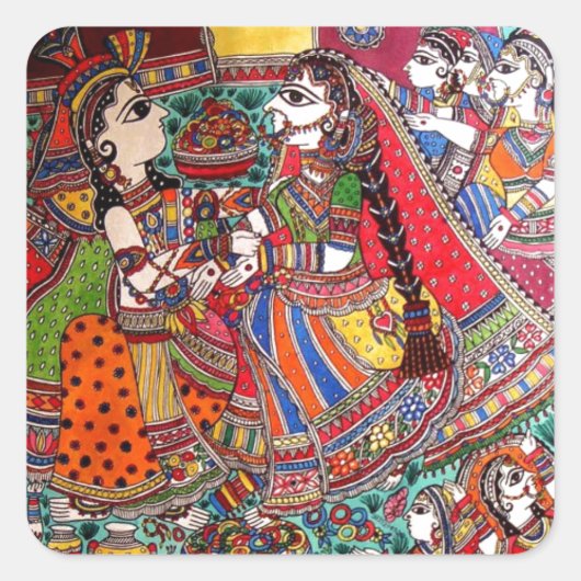 RADHA KRISHNA HINDU GODS MADHUBANI KUNST STIJL VIERKANTE STICKER (Voorkant)