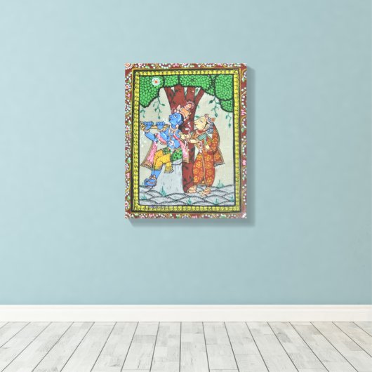 Radha Krishna Liefde Tribal Indiase Pattachitra Ku Canvas Afdruk (Insitu (Houten vloer))
