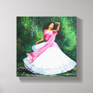 Radha wacht op Krishna in Vrindavan Canvas Afdruk