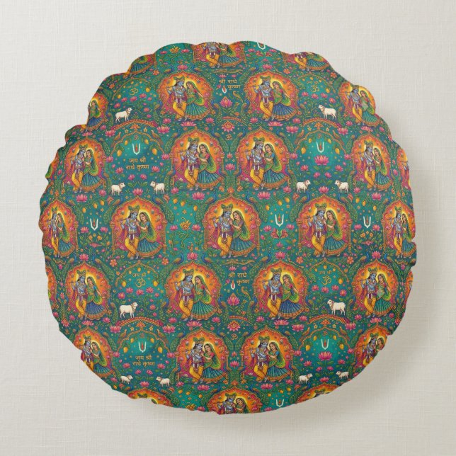 Radhe Krishna Patroon Rond Kussen (Voorkant)