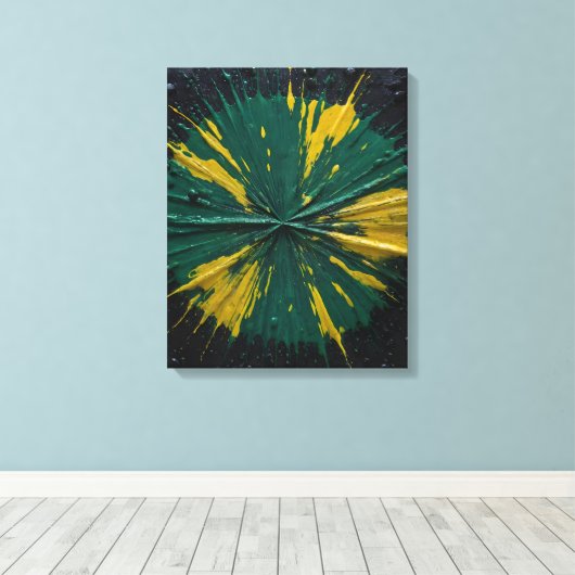 Radiale impact: groene en gele verf barsten canvas afdruk (Insitu (Houten vloer))