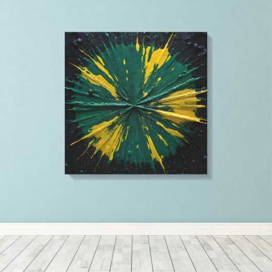 Radiale impact: groene en gele verf barsten canvas afdruk (Insitu (Houten vloer))