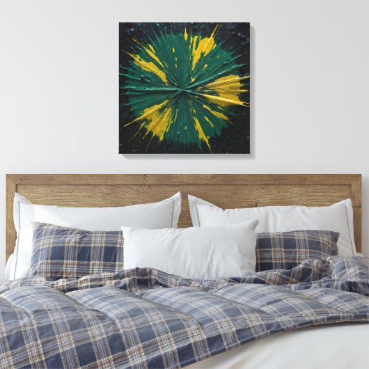 Radiale impact: groene en gele verf barsten canvas afdruk (Insitu (Slaapkamer))