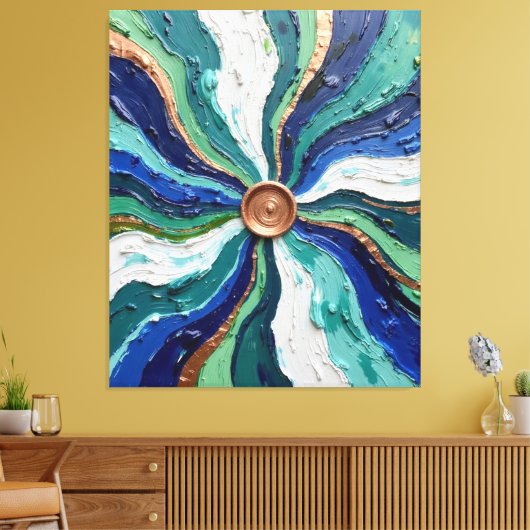 Radiant Abstract Swirl Art – Teal, Blue & Gold Tex Canvas Afdruk (Insitu (Woonkamer))