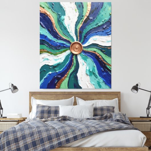 Radiant Abstract Swirl Art – Teal, Blue & Gold Tex Canvas Afdruk (Insitu (Slaapkamer))