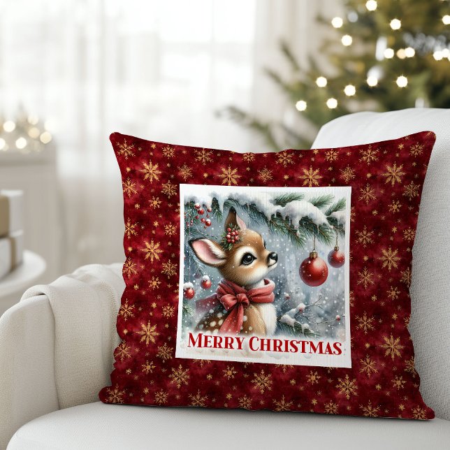 Radiant baby deer snowy forest Christmas scene  Kussen (Radiant baby deer snowy forest Christmas scene pillow)
