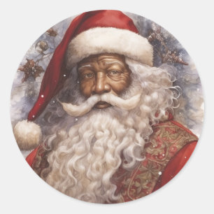 Radiant Black Santa: Feestelijke Seizoen Groeten Ronde Sticker