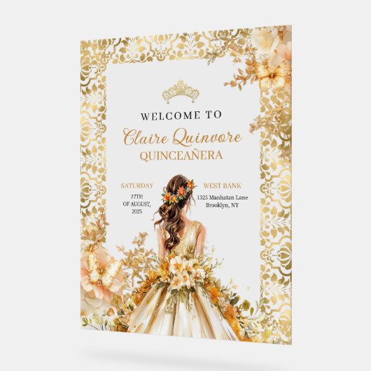 Radiant Bloom Bloemen Goud Prinses Quinceañera Acryl Bord (Hoek)