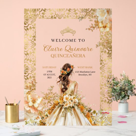 Radiant Bloom Bloemen Goud Prinses Quinceañera Acryl Bord (Huwelijk)