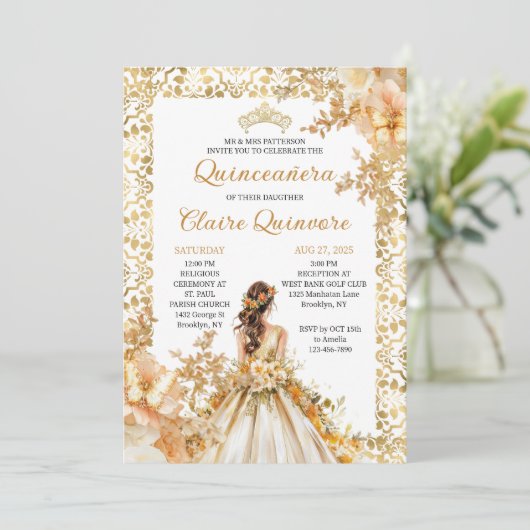 Radiant Bloom Floral Princess Gold Quinceanera Kaart (Staand voorkant)