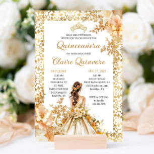Radiant Bloom Floral Princess Gold Quinceanera Kaart