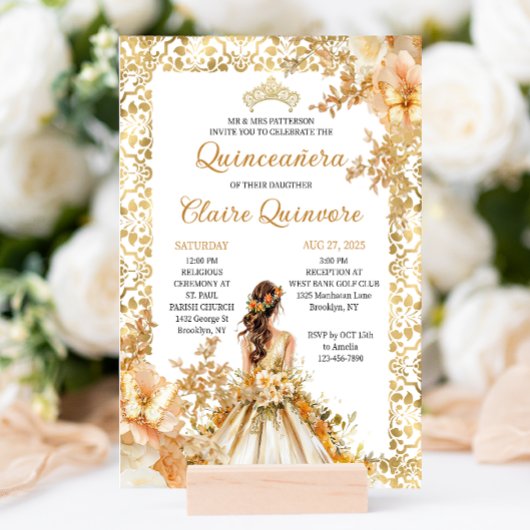 Radiant Bloom Floral Princess Gold Quinceanera Kaart