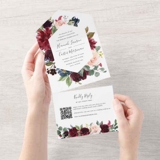 Radiant Bloom Floral Wedding QR Code All In One Uitnodiging (Afscheurbaar)