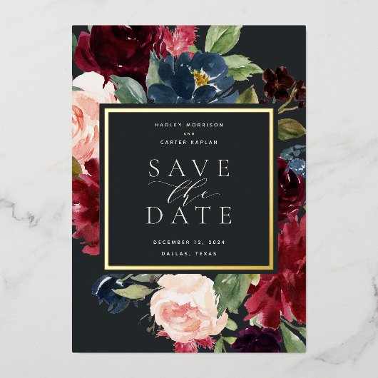 Radiant-bloom-Folie Sla de datumkaart op Folie Uitnodiging (Voorkant)