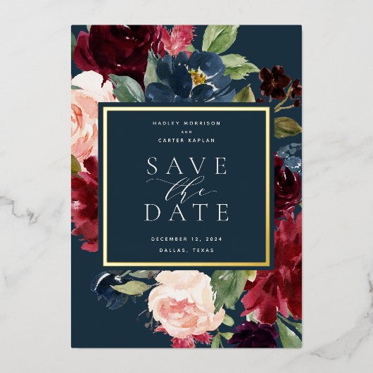 Radiant-bloom-Folie Sla de datumkaart op Folie Uitnodiging (Voorkant)