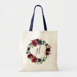 Radiant Bloom Monogram Tote Bag<br><div class="desc">Ontworpen om te voldoen aan onze Radiant Bloom collectie,  deze gepersonaliseerde tassen maken prachtige geschenken voor uw bruidsmeisjes. Personaliseer met een enkel initiaal monogram in elegant handgeschreven schrift belettering,  omgeven door een krans van waterverf bloemen in rijke tinten van marine en bourgondië.</div>