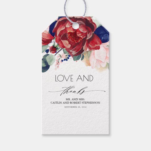 Radiant Bloom Navy Blue en Bourgogne Floral Cadeaulabel (Voorkant)