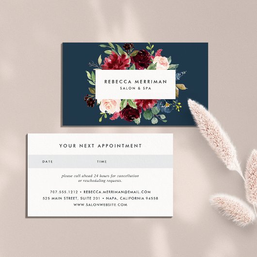 Radiant Bloom | Navy & Bourgogne Floral Afsprakenkaartje