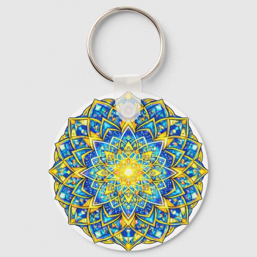 Radiant Blue Gold Mandala – Sun Harmony Keychain (Voorkant)
